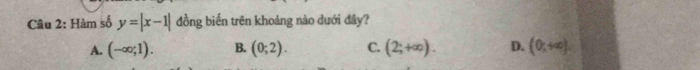 Hàm số y=|x-1| đồng biến trên khoảng nảo dưới đây?
A. (-∈fty ;1). B. (0;2). C. (2;+∈fty ). D. (0,+∈fty endpmatrix.