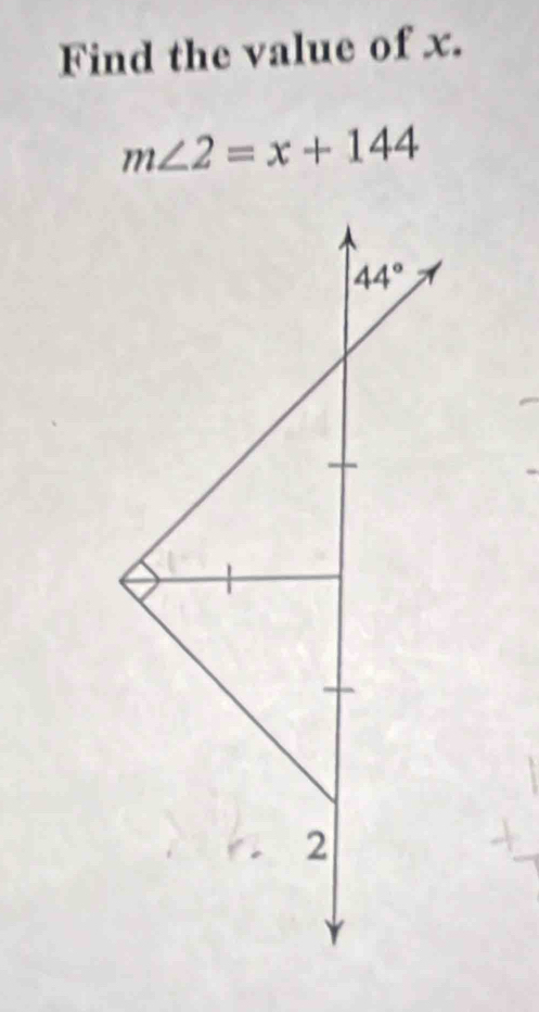 Find the value of x.
m∠ 2=x+144