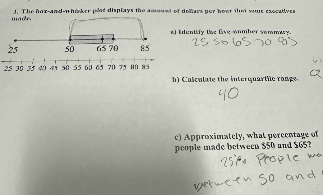 The box-and-whisker plot displays the amount of dollars per hour that some executives 
Identify the five-number summary. 
b) Calculate the interquartile range. 
c) Approximately, what percentage of 
people made between $50 and $65?