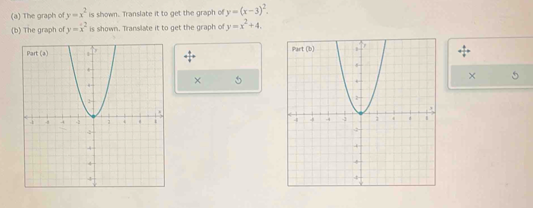 The graph of y=x^2 is shown. Translate it to get the graph of y=(x-3)^2. 
(b) The graph of y=x^2 is shown. Translate it to get the graph of y=x^2+4. 
×