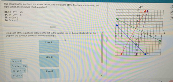 The equations for four lines are shown below, and the graphs of the four lines are shown to the 
right. Which line matches which equiation? 
23. 5x-5y=-25
24 4x-2y=-8
25 x+2y=2
26. 5x-y=5
Drag each of the equations below on the left to the labelled line on the right that matches the 
graph of the equation shown in the coordinate grid 
Line A
Line B
5x-y=5
5x+5y=-25
4x-2y=-8 Line C
x+2y=2