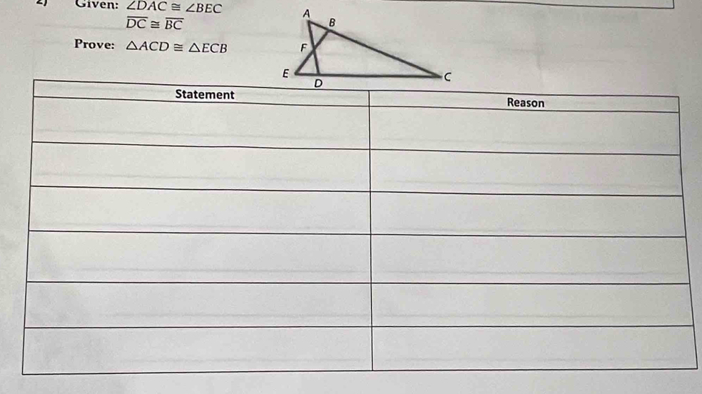 Gíven: ∠ DAC≌ ∠ BEC
overline DC≌ overline BC
Prove: △ ACD≌ △ ECB