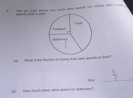 The pie chart shows how much Jane spends her money each month. 
spends $240 in total.
(a) What is the fraction of money that Jane spends on food?
Ans :
_
(b) How much does Jane spend on stationery?