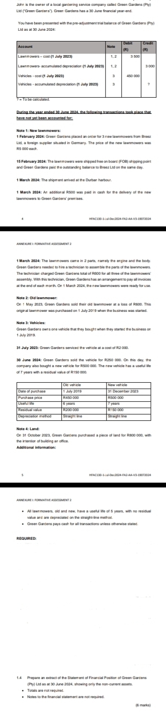 Lld ("Green Gardens"). Green Gardens has a 30 June financial year -end. 
Ltd as at 30 June 2024 
have not yet been accounted for: 
1 February 2024: Green Gardens placed an order for 3 new lawnmowers from Breez 
Lld, a foreign supplier situated in Germany. The price of the new lawnmowers was
R5 000 each. 
and Green Gardens paid the outstanding balance to Breez Lid on the same day 
Green Gardens needed to hire a technician to assemble the parts of the lawnmowers. 
assembly. With this technician, Green Gardens has an arrangement to pay all invoices 
company also bought a new vehicle for R500 000. The new vehicle has a useful life 
of 7 years with a residual value of R150 000
On 31 October 2023, Green Gardens purchased a piece of land for R800 000, with 
Additional information: 
value and are depreciated on the straight-line method 
* Green Gardens pays cash for all transactions unless otherwise stated. 
* Notes to the financiall statement are not required