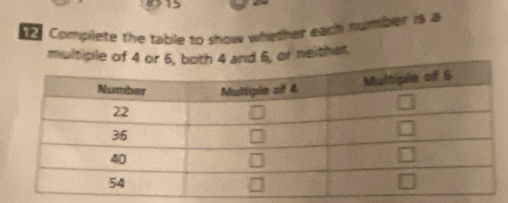 87 15
Complete the table to show whether each number is a
multiple of 4 nd 6, or neither.