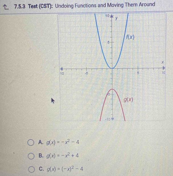 Test (CST): Undoing Functions and Moving Them Around
A. g(x)=-x^2-4
B. g(x)=-x^2+4
C. g(x)=(-x)^2-4