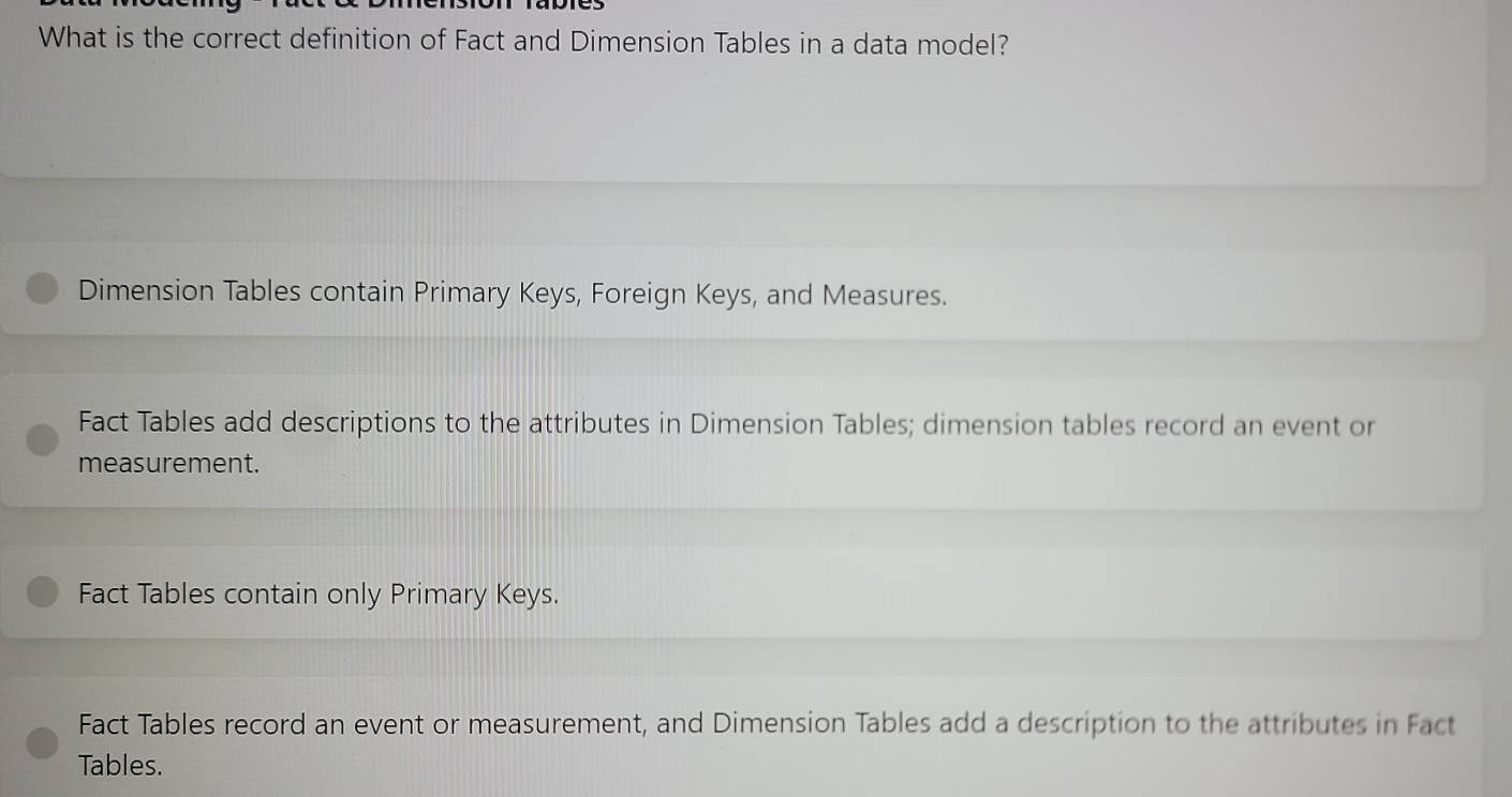 Solved: What is the correct definition of Fact and Dimension Tables in ...