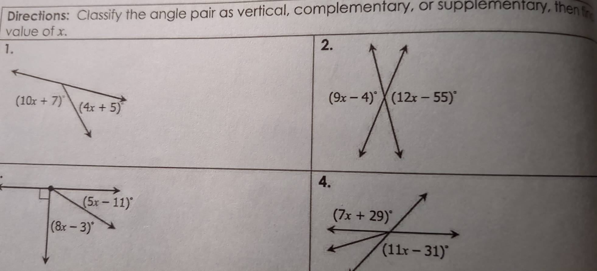 Directions: Classify the angle pair as vertical, complementary, or supplementary, the fir
v
1