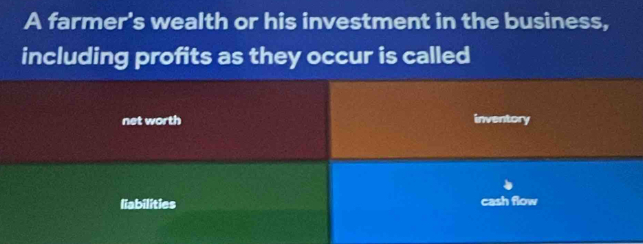 A farmer's wealth or his investment in the business, 
including profits as they occur is called 
net worth inventory 
liabilities cash flow