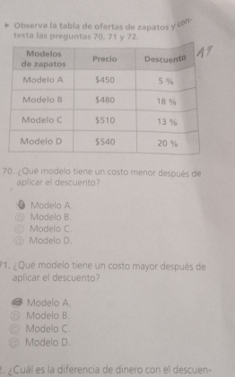 Observa la tabla de ofertas de zapatos y con-
testa las preguntas 70, 71 y 72.
70. ¿Qué modelo tiene un costo menor después de
aplicar el descuento?
● Modelo A.
Modelo B.
Modelo C.
@ Modelo D.
71. ¿Qué modelo tiene un costo mayor después de
aplicar el descuento?
● Modelo A.
⑥ Modelo B.
。 Modelo C.
a Modelo D.
. Cuál es la diferencia de dinero con el descuen-