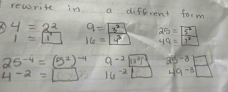 reurite in a different form
O 4=2^2 q=boxed 3^2
25=5^x
1=□ 16=4^2
49=boxed 7^2