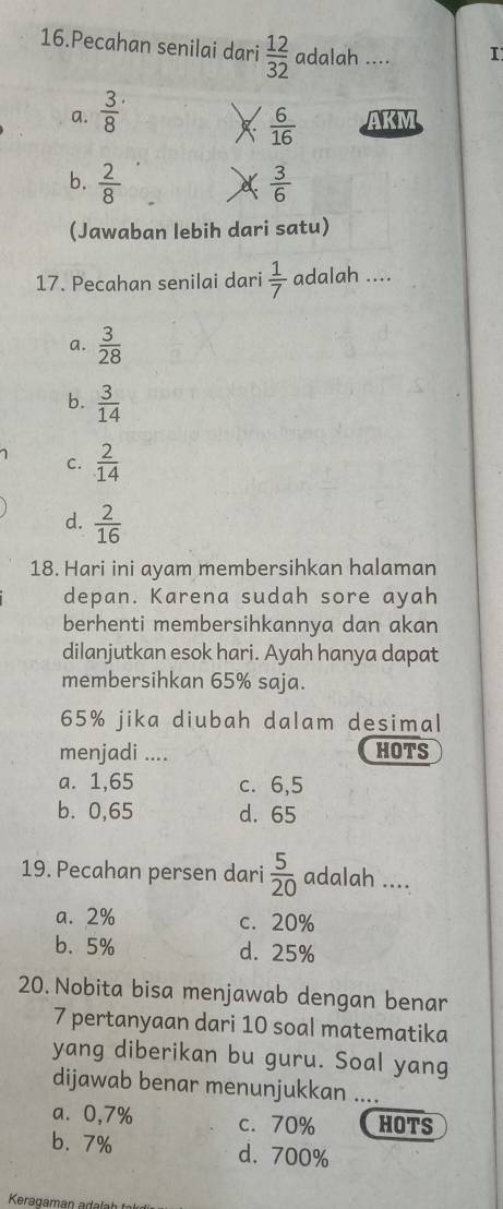 Pecahan senilai dari  12/32  adalah .... I
a.  3/8 
 6/16  AKM
b.  2/8   3/6 
(Jawaban lebih dari satu)
17. Pecahan senilai dari  1/7  adalah ....
a.  3/28 
b.  3/14 
C.  2/14 
d.  2/16 
18. Hari ini ayam membersihkan halaman
depan. Karena sudah sore ayah
berhenti membersihkannya dan akan
dilanjutkan esok hari. Ayah hanya dapat
membersihkan 65% saja.
65% jika diubah dalam desimal
menjadi .... HOTS
a. 1,65 c. 6,5
b. 0,65 d. 65
19. Pecahan persen dari  5/20  adalah ....
a. 2% c. 20%
b. 5% d. 25%
20. Nobita bisa menjawab dengan benar
7 pertanyaan dari 10 soal matematika
yang diberikan bu guru. Soal yang
dijawab benar menunjukkan ....
a. 0,7% c. 70% HOTS
b. 7% d. 700%