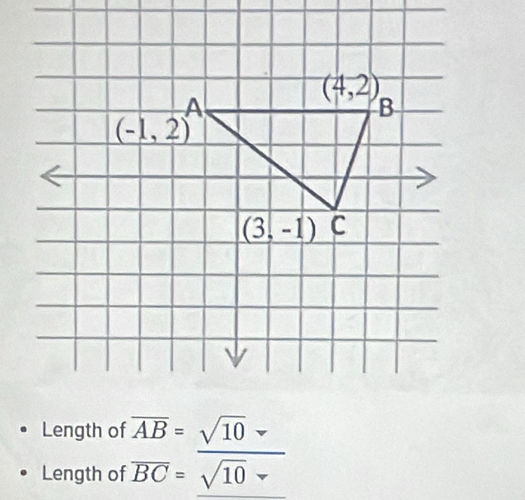 Length of overline AB=sqrt(10)
Length of overline BC=sqrt(10)