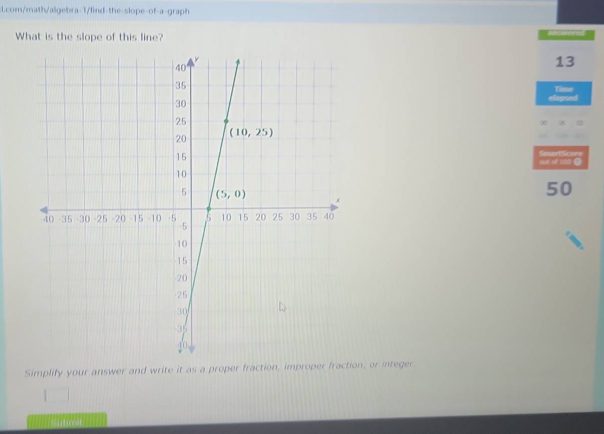 com/math/algebra-1/find-the-slope-of-a-graph
What is the slope of this line? answered
13
Time
elapsed
00 06 02
SmartScore
out of 100 9
50
Simplify your answer and write it as a proper fraction, improper fraction, or integer.