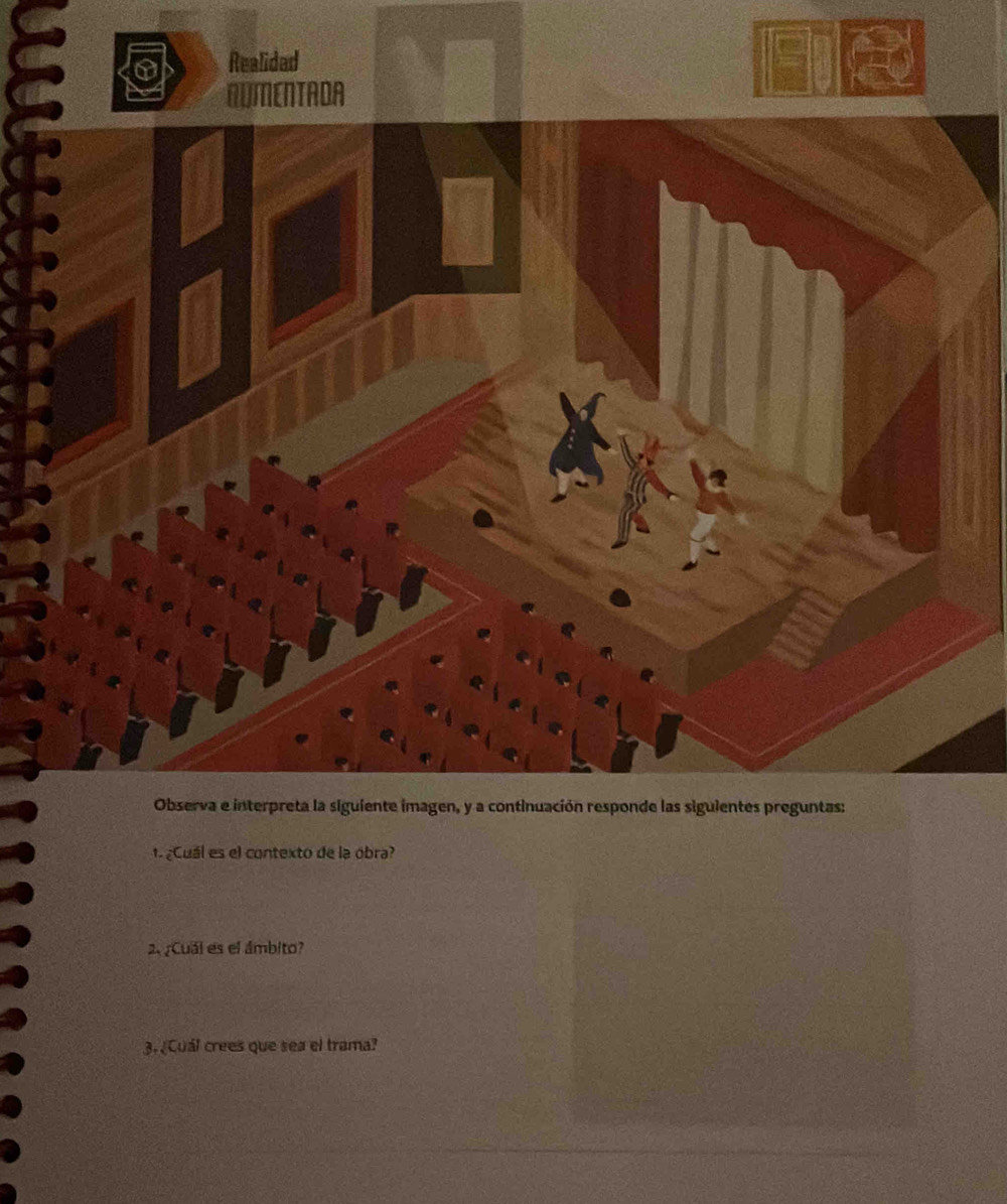 Realidad 
TADA 
Observa e interpreta la siguiente imagen, y a continuación responde las siguientes preguntas: 
1.¿Cuál es el contexto de la obra? 
2.¿Cuál es el ámbito? 
3. Cuál crees que sea el trama?
