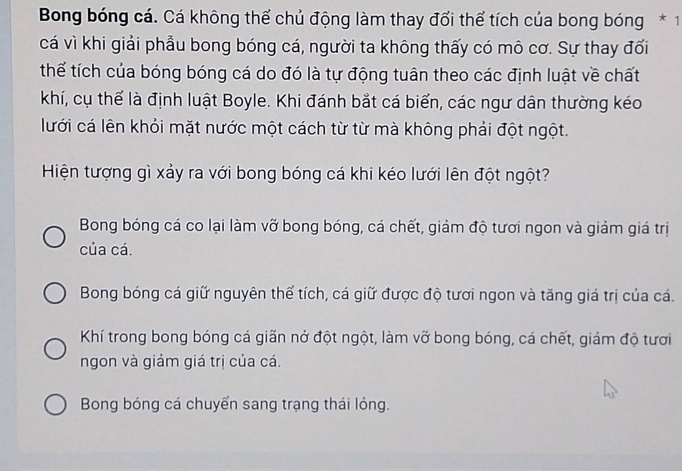 Bong bóng cá. Cá không thể chủ động làm thay đổi thể tích của bong bóng * 1
cá vì khi giải phẫu bong bóng cá, người ta không thấy có mô cơ. Sự thay đối
thể tích của bóng bóng cá do đó là tự động tuân theo các định luật về chất
khí, cụ thể là định luật Boyle. Khi đánh bắt cá biển, các ngư dân thường kéo
lưới cá lên khỏi mặt nước một cách từ từ mà không phải đột ngột.
Hiện tượng gì xảy ra với bong bóng cá khi kéo lưới lên đột ngột?
Bong bóng cá co lại làm vỡ bong bóng, cá chết, giảm độ tươi ngon và giảm giá trị
của cá.
Bong bóng cá giữ nguyên thể tích, cá giữ được độ tươi ngon và tăng giá trị của cá.
Khí trong bong bóng cá giãn nở đột ngột, làm vỡ bong bóng, cá chết, giám độ tươi
ngon và giảm giá trị của cá.
Bong bóng cá chuyển sang trạng thái lóng.