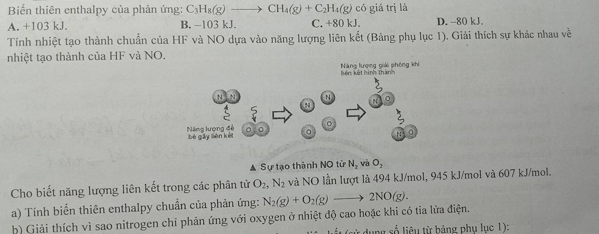 Biến thiên enthalpy của phản ứng: C_3H_8(g)to CH_4(g)+C_2H_4(g)c6 giá trị là
A. +103 kJ. B. -103 kJ. C. +80 kJ. D. -80 kJ.
Tính nhiệt tạo thành chuẩn của HF và NO dựa vào năng lượng liên kết (Bảng phụ lục 1). Giải thích sự khác nhau về
nhiệt tạo thành của HF và NO.
Năng lượng giải phóng khi
liên kết hình thành
▲ Sự tạo thành NO từ N_2 và O_2
Cho biết năng lượng liên kết trong các phân tử O_2, N_2 và NO lần lượt là 494 kJ/mol, 945 kJ/mol và 607 kJ/mol.
a) Tính biến thiên enthalpy chuẩn của phản ứng: N_2(g)+O_2(g)to 2NO(g). 
b) Giải thích vì sao nitrogen chỉ phản ứng với oxygen ở nhiệt độ cao hoặc khi có tia lửa điện.
: dung số liêu từ bảng phụ lục 1):