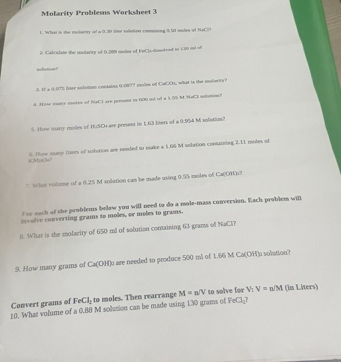 Solved: Molarity Problems Worksheet 3 1. What is the molarity of a 0.30 ...