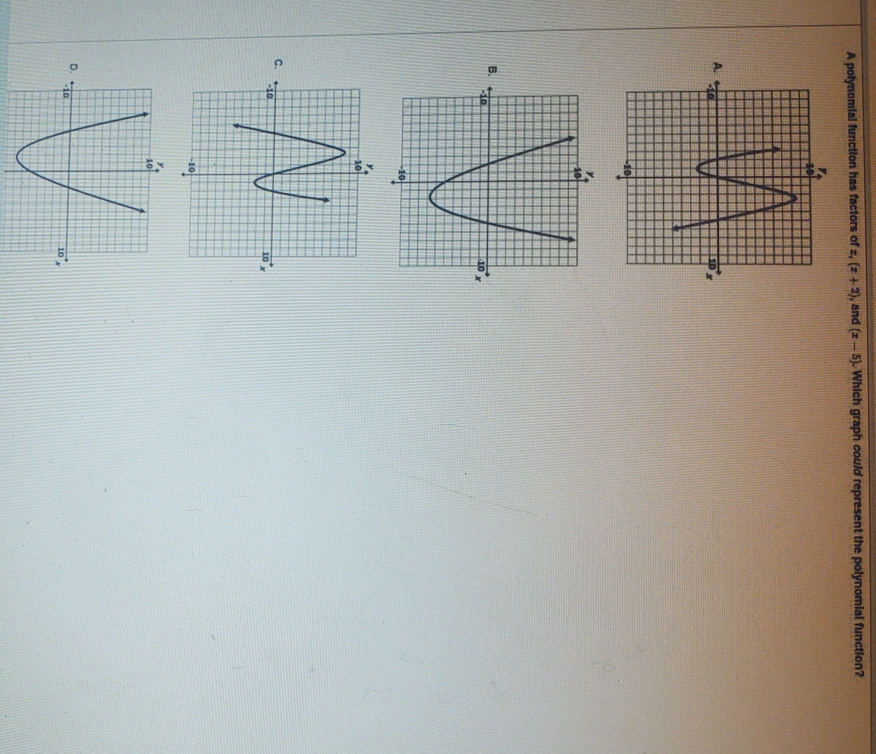 A polynomial function has factors of 2, (x+2) , and (x-5). Which graph could represent the polynomial function?