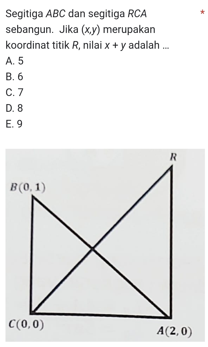 Segitiga ABC dan segitiga RCA
*
sebangun. Jika (x,y) merupakan
koordinat titik R, nilai x+y adalah ...
A. 5
B. 6
C. 7
D. 8
E. 9