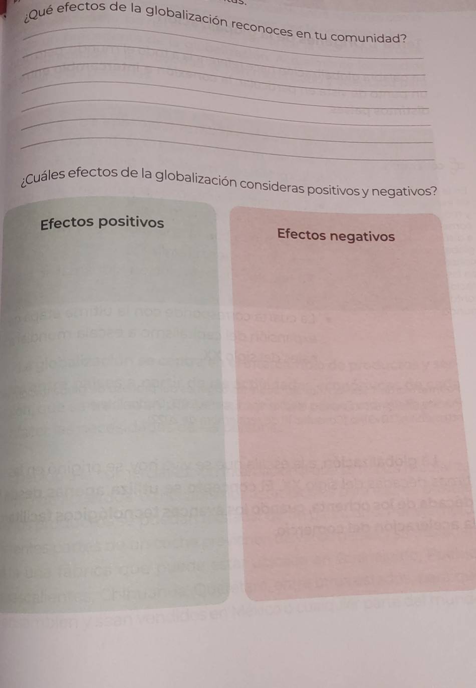 ¿Qué efectos de la globalización reconoces en tu comunidad?
_
_
_
_
_
_
Cuáles efectos de la globalización consideras positivos y negativos'?
Efectos positivos Efectos negativos