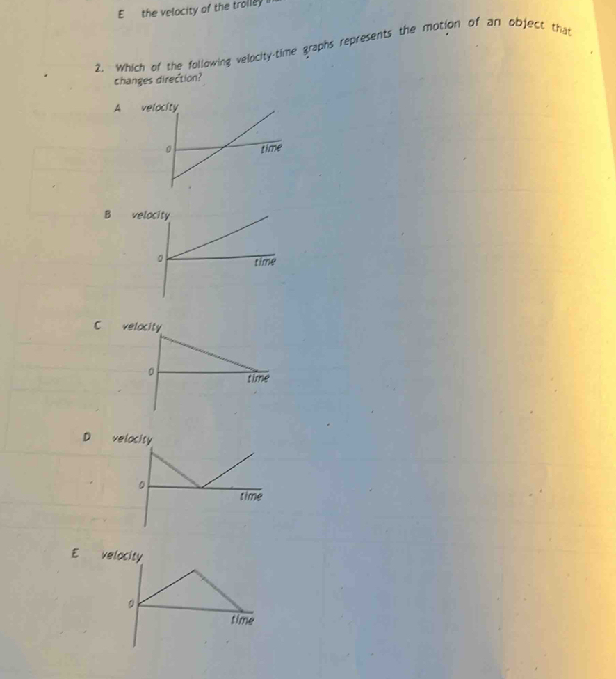 the velocity of the trolley
2. Which of the following velocity-time graphs represents the motion of an object that
changes direction?
A 
B 
C ve
D ve
E v