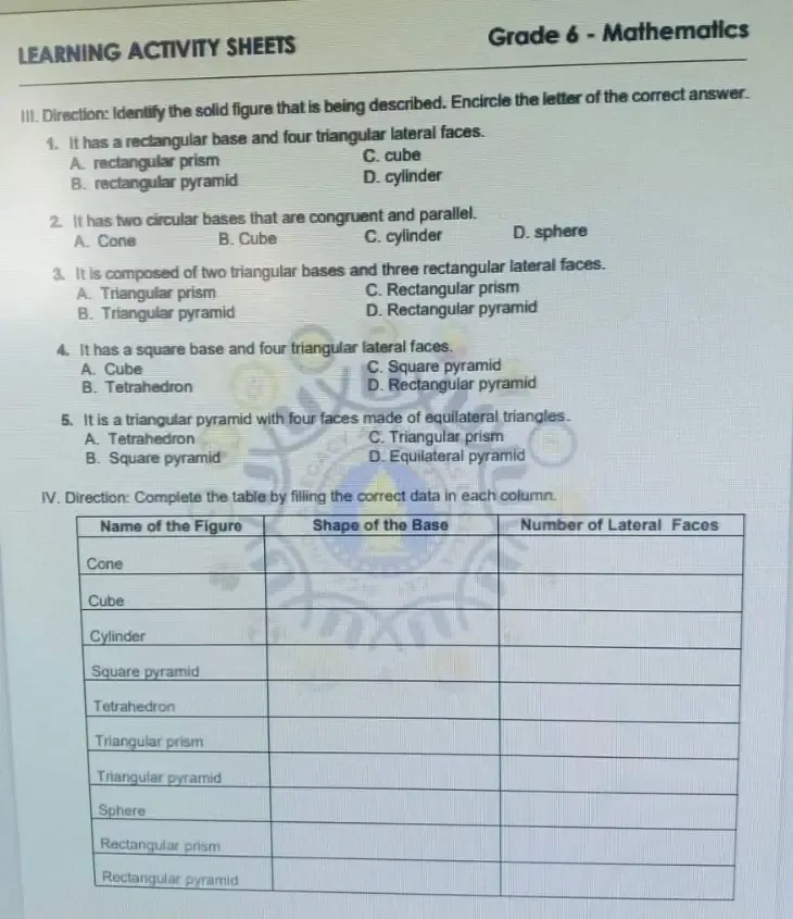 Solved: LEARNING ACTIVITY SHEETS Grade 6 - Mathematics 111. Direction ...