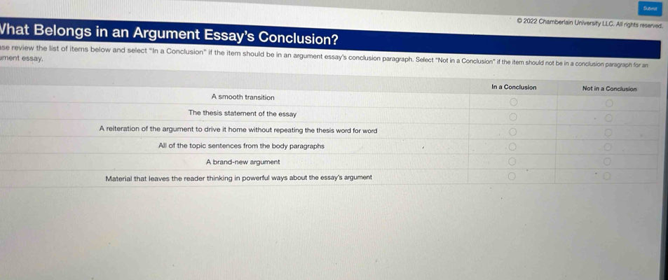 Submit 
© 2022 Chamberlain University LLC. All rights reserved. 
What Belongs in an Argument Essay's Conclusion? 
se review the list of itemns below and select "In a Conclusion” if the item should be in an argument essay's conclusion paragraph. Select "Not in a Conclusion" if the item shoul 
ment essay.