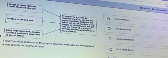could file false charges Judge or other officials 
Add sche 
involved in a trial, serious and By requiring a Jury to be First Amandment 
Unable to defend self taken out of the hands of a few sometimes fatal decisions are judges or officials, and are put 
into the hands of a group of Third Amendment 
the evidance. average citizens who look over 
Long imprisonment, people 
. in secret trials 
tortured and even executed Fourth Amendment 
The information contained in the graphic organizer best supports the creation of 
which constitutional amendment? Sixth Amendment