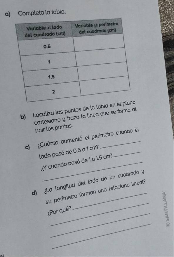 Completa la tabla. 
b) Localiza los puntos de la tabla en 
cartesiano y traza la línea que se forma al 
unir los puntos. 
c) ¿Cuánto aumentó el perímetro cuando el 
lado pasó de 0.5 a 1 cm?_ 
¿Y cuando pasó de 1 a 1.5 cm? 
d) ¿La longitud del lado de un cuadrado y 
_ 
su perímetro forman una relaciona lineal? 
_ 
¿Por qué? 
_ 
E