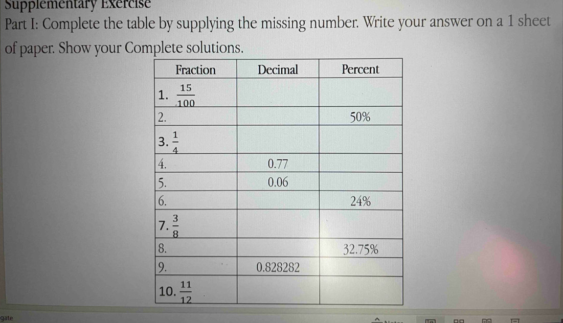 Supplementary Exercise
Part I: Complete the table by supplying the missing number. Write your answer on a 1 sheet
of paper. Show your Complete solutions.
gate