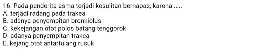 Pada penderita asma terjadi kesulitan bernapas, karena .....
A. terjadi radang pada trakea
B. adanya penyempitan bronkiolus
C. kekejangan otot polos batang tenggorok
D. adanya penyempitan trakea
E. kejang otot antartulang rusuk