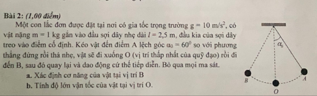 (1,00 điểm) 
Một con lắc đơn được đặt tại nơi có gia tốc trọng trường g=10m/s^2 , có 
vật nặng m=1 kg gắn vào đầu sợi dây nhẹ dài l=2,5m , đầu kia của sợi dây 
treo vào điểm cố định. Kéo vật đến điểm A lệch góc alpha _0=60° so với phương 
thẳng đứng rồi thả nhẹ, vật sẽ đi xuống O (vị trí thấp nhất của quỹ đạo) rồi đi 
đến B, sau đó quay lại và dao động cứ thế tiếp diễn. Bỏ qua mọi ma sát. 
a. Xác định cơ năng của vật tại vị trí B 
b. Tính độ lớn vận tốc của vật tại vị trí O. 
0