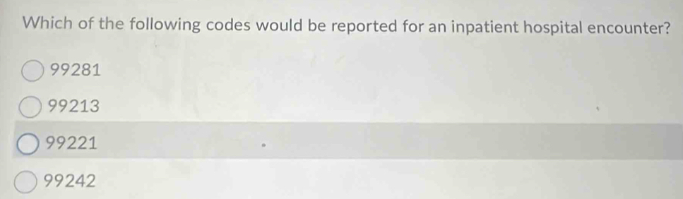 Solved: Which of the following codes would be reported for an inpatient ...