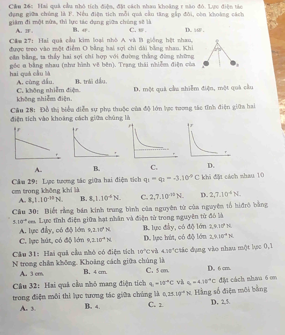 Hai quả cầu nhỏ tích điện, đặt cách nhau khoảng r nào đó. Lực điện tác
dụng giữa chúng là F. Nếu điện tích mỗi quả cầu tăng gấp đôi, còn khoảng cách
giảm đi một nửa, thì lực tác dụng giữa chúng sẽ là
A. 2F. B. 4F . C. 8F . D. 16F .
Cầu 27: Hai quả cầu kim loại nhỏ A và B giống hệt nhau, Q
được treo vào một điểm O bằng hai sợi chi dài bằng nhau. Khi 7x
cần bằng, ta thấy hai sợi chỉ hợp với đường thẳng đứng những
góc α bằng nhau (như hình vẽ bên). Trạng thái nhiễm điện của B
hai quả cầu là
A. cùng dấu. B. trái dấu.
C. không nhiễm điện. D. một quả cầu nhiễm điện, một quả cầu
không nhiễm điện.
Câu 28: Đồ thị biểu diễn sự phụ thuộc của độ lớn lực tương tác tĩnh điện giữa hai
điện tích vào khoảng cách giữa chúng là
A.
B.
C.
D.
Câu 29: Lực tương tác giữa hai điện tích q_1=q_2=-3.10^(-9)C khi đặt cách nhau 10
cm trong không khí là
A. 8,1.10^(-10)N. B. 8,1.10^(-6)N. C. 2,7.10^(-10)N. D. 2,7.10^(-6)N.
Cầu 30: Biết rằng bán kính trung bình của nguyên tử của nguyên tố hiđrô bằng
5.10^(-9)cm :  Lực tĩnh điện giữa hạt nhân và điện tử trong nguyên tử đó là
A. lực đầy, có độ lớn 9,2.10^8N. B. lực đầy, có độ lớn 2,9.10^8N.
C. lực hút, có độ lớn 9,2.10^(-8)N. D. lực hút, có độ lớn 2,9.10^(-8)N.
Câu 31: Hai quả cầu nhỏ có điện tích 10^(-7)C và 4.10^(-7) C đác dụng vào nhau một lực 0,1
N trong chân không. Khoảng cách giữa chúng là
A. 3 cm. B. 4 cm. C. 5 cm. D. 6 cm.
Câu 32: Hai quả cầu nhỏ mang điện tích q_1=10^(-9)C và q_1=4.10^(-9)C đặt cách nhau 6 cm
trong điện môi thì lực tương tác giữa chúng là 0,25.10^(-5)N.  Hằng số điện môi bằng
C. 2.
A. 3. B. 4. D. 2,5.