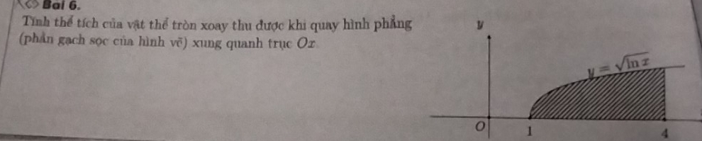 ◇ Bai 6.
Tính thể tích của vật thể tròn xoay thu được khi quay hình phẳn
(phân gạch sọc của hình vẽ) xung quanh trục Oz
4