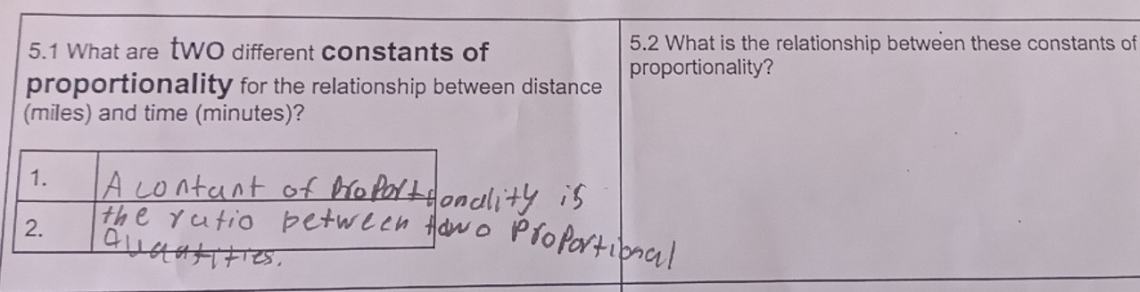 5.1 What are tWO different constants of 5.2 What is the relationship between these constants of 
proportionality? 
proportionality for the relationship between distance 
(miles) and time (minutes)?