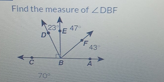 Find the measure of ∠ DBF
70°