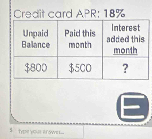 Credit card APR: 18%
E 
type your answer...