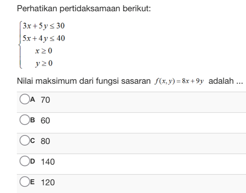 Perhatikan pertidaksamaan berikut:
beginarrayl 3x+5y≤ 30 5x+4y≤ 40 x≥ 0 y≥ 0endarray.
Nilai maksimum dari fungsi sasaran f(x,y)=8x+9y adalah ...
A 70
B 60
C 80
D 140
E 120