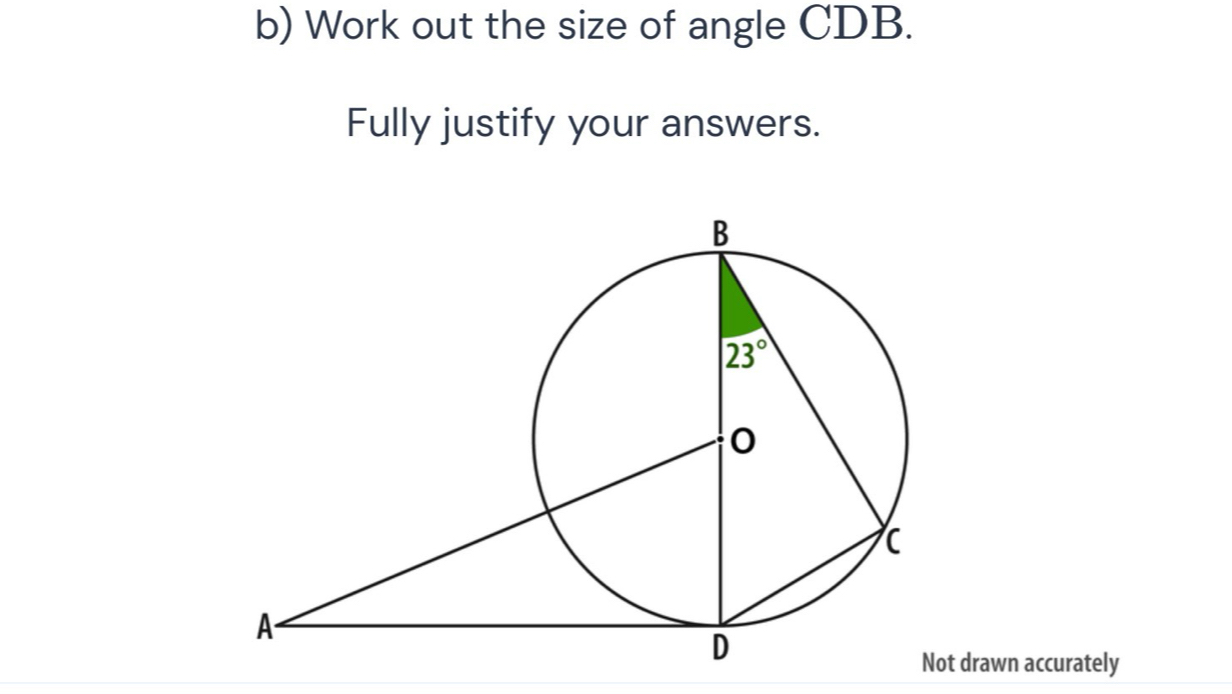 Work out the size of angle CDB.
Fully justify your answers.
drawn accurately