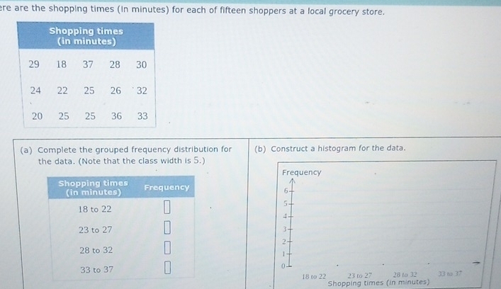 ere are the shopping times (in minutes) for each of fifteen shoppers at a local grocery store. 
(a) Complete the grouped frequency distribution for (b) Construct a histogram for the data. 
the data. (Note that the class width is 5.) 
Shopping times (in minutes)