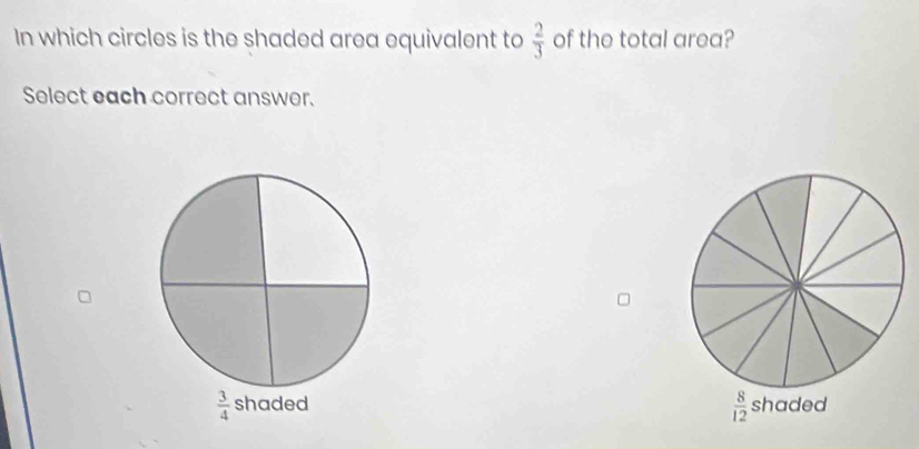 In which circles is the shaded area equivalent to  2/3  of the total area?
Select each correct answer.