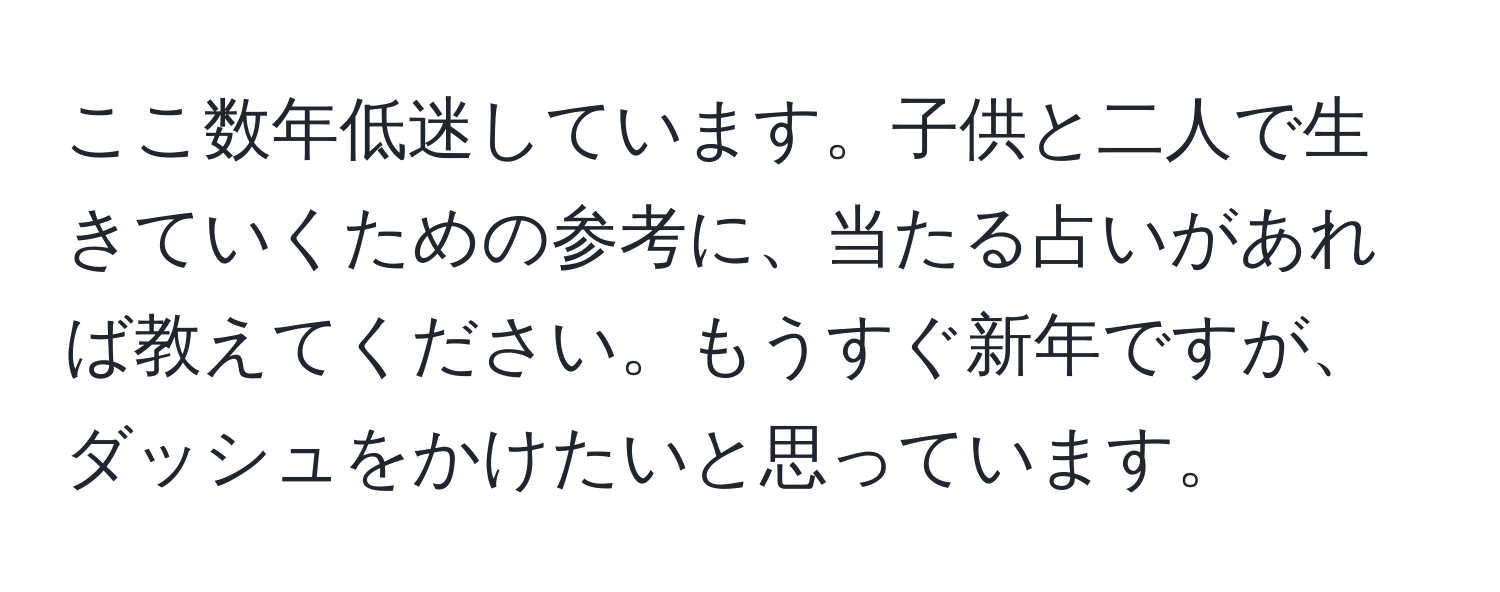 ここ数年低迷しています。子供と二人で生きていくための参考に、当たる占いがあれば教えてください。もうすぐ新年ですが、ダッシュをかけたいと思っています。