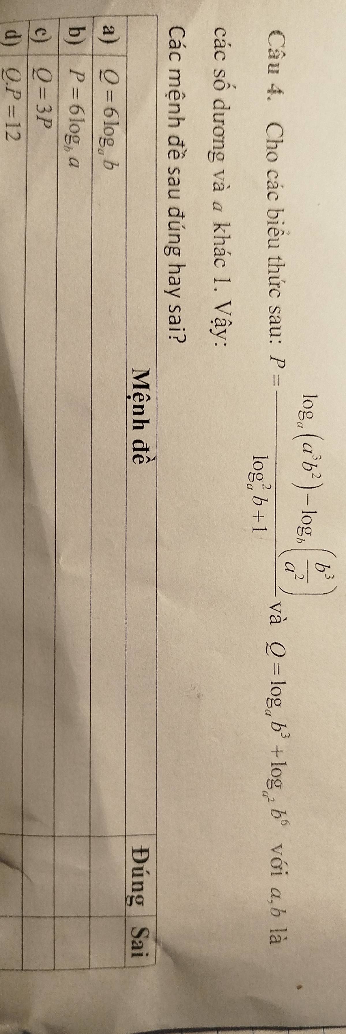 P=frac log _a(a^2b^2)-log _a( b^3/a^2 )(log _a)^2b+1
Câu 4. Cho các biểu thức sau: và Q=log _ab^3+log _a^2b^6 với a,b là
các số dương và # khác 1. Vậy:
Các mệnh đề sau đúng hay sai?