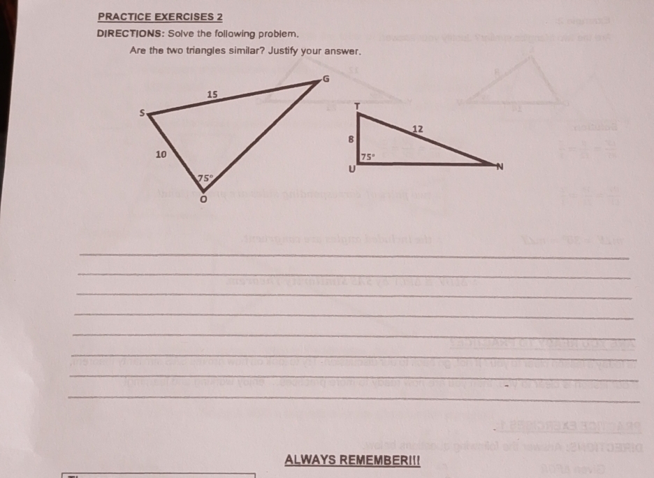 PRACTICE EXERCISES 2
DIRECTIONS: Solve the following problem.
Are the two triangles similar? Justify your answer.
_
_
_
_
_
_
_
_
ALWAYS REMEMBER!!!