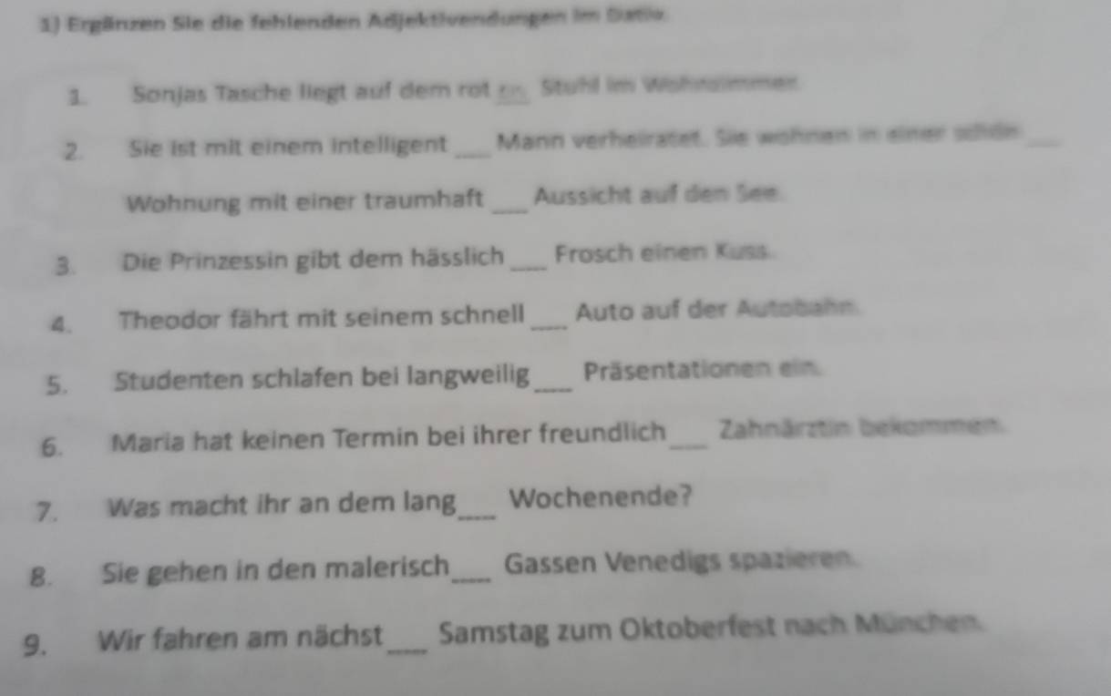 Ergänzen Sie die fehlenden Adjektivendungen im Sativ 
1. Sonjas Tasche liegt auf dem rot Stuhl im Wohnmmen 
2. Sie ist mit einem intelligent _Mann verheiratet. Sie wohnen in einer schln_ 
Wohnung mit einer traumhaft _Aussicht auf den See 
3. Die Prinzessin gibt dem hässlich _Frosch einen Kuss 
4. Theodor fährt mit seinem schnell _Auto auf der Autobahn. 
5. Studenten schlafen bei langweilig_ Präsentationen ein 
6. Maria hat keinen Termin bei ihrer freundlich _Zahnärztin bekommen 
7. Was macht ihr an dem lang_ Wochenende? 
8. Sie gehen in den malerisch_ Gassen Venedigs spazieren 
9. Wir fahren am nächst_ Samstag zum Oktoberfest nach München.