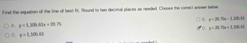 Find the equation of the line of best fit. Round to two decimal places as needed. Choose the correct answer below
B. y=20.75x-1, 105.61
A. y=1,105.61x+20.75 D. y=20.75x+1, 105.61
C. y=1,105.61