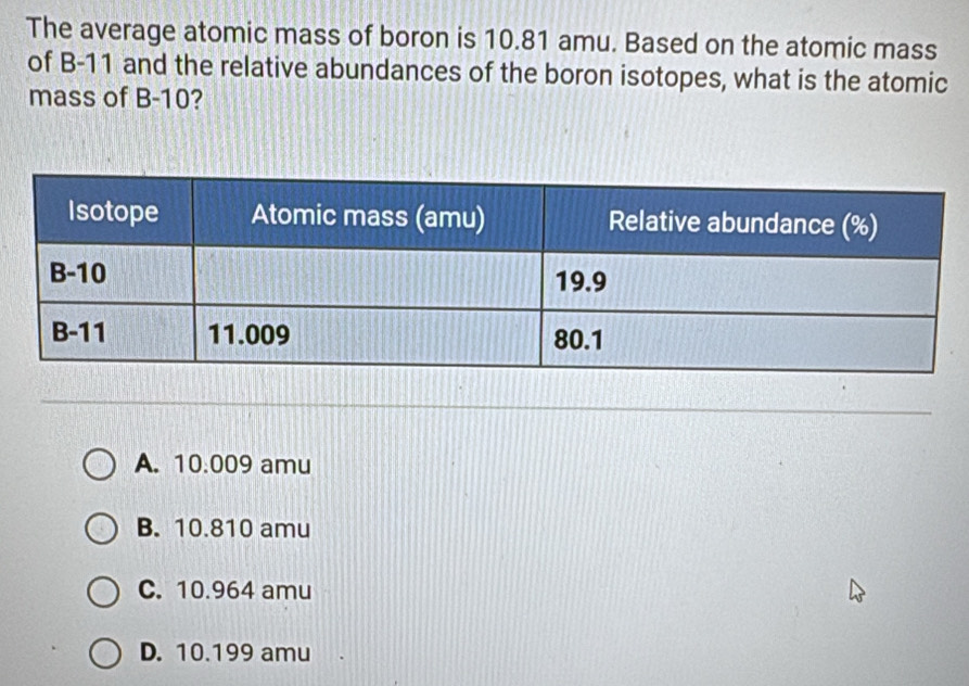 The average atomic mass of boron is 10.81 amu. Based on the atomic mass
of B-11 and the relative abundances of the boron isotopes, what is the atomic
mass of B-10?
A. 10.009 amu
B. 10.810 amu
C. 10.964 amu
D. 10.199 amu