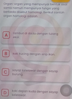 Organ-organ yang mempunyai bentuk asal
sama namun mempunyai fungsi yang
berbeda disebut homologi. Berikut contoh
organ homologi adalah
rambut di dada dengan tulang
A ekor.
B kaki kucing dengan sirip ikan.
sayap kelelawar dengan sayap
C burung.
kaki depan kuda dengan sayap
D kelelawar.